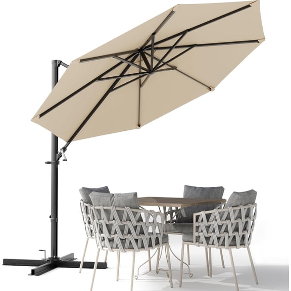 WBTER 10ft Cantilever Patio Umbrella, Round Large Outdoor Umbrella with 360-Degree Rotation, Hanging Offset Market Sun Umbrella, Easy Tilt and Heavy-Duty Frame, for Patio Backyard Garden, Beige