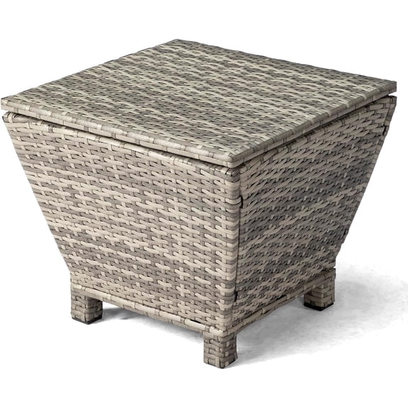 WBTER 13 Gallon Outdoor Deck Box, Wicker Outdoor Storage Box with Lid, Small Storage Bin Container for Outside and Patio, Patio Rattan Side Table for Yard Porch (Grey, Trapezoidal)
