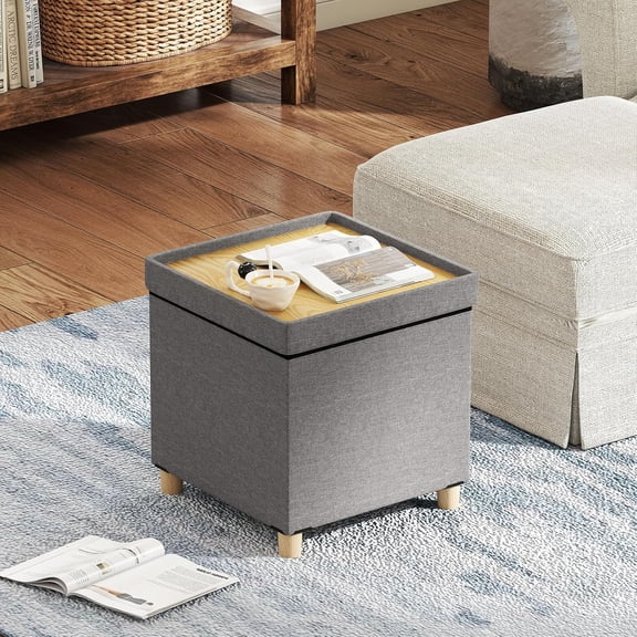 WBTER 18 Inches Storage Ottoman, Linen Fabric Cube Footstool with Rubber Wood Legs, Side Table with Flip Top Tray, Square Foot Rest Stool, Shoe Changing Stool for Living Room, Bedroom, Entryway