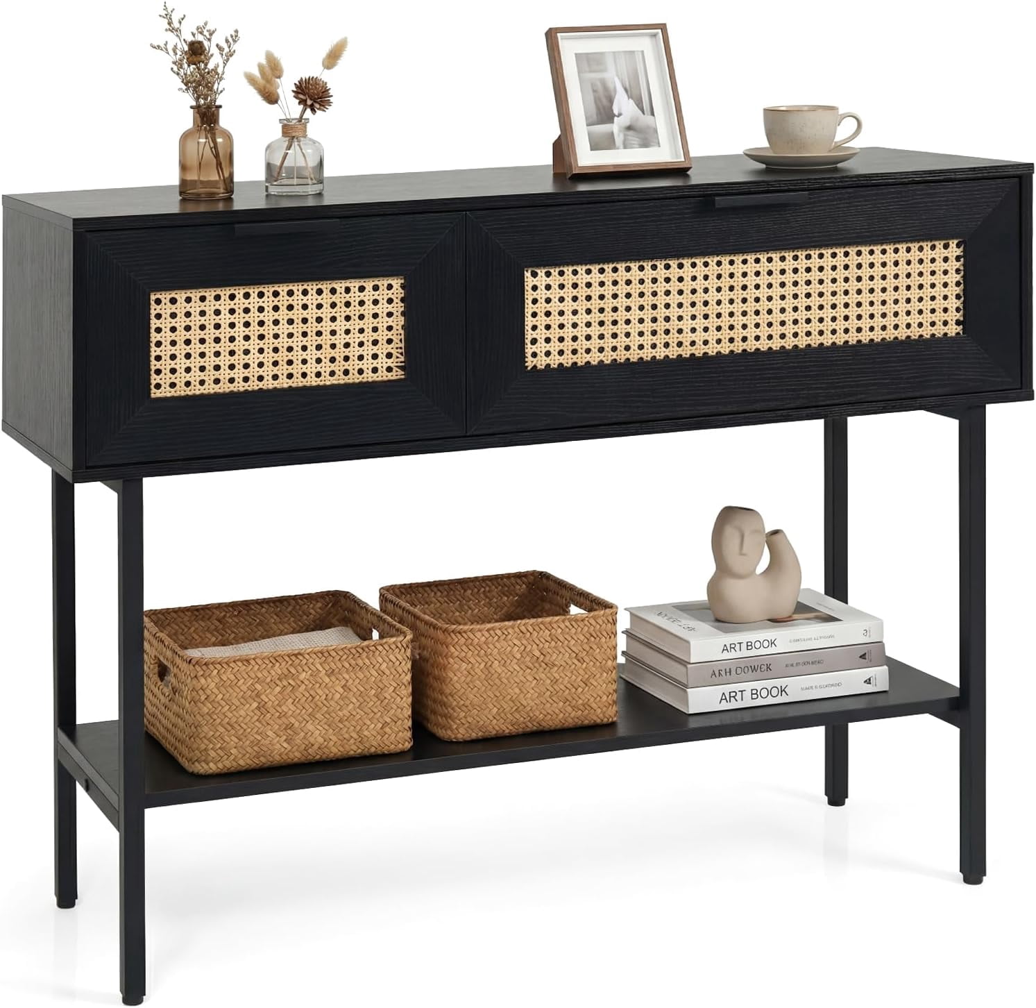 WBTER 40” Rattan Console Table, Narrow Long Entryway Table with Storage Shelf, 2 Flip Door Cabinets, Metal Frame, Boho, Farmhouse Behind Couch Sofa Tables for Living Room, Hallway (Black)
