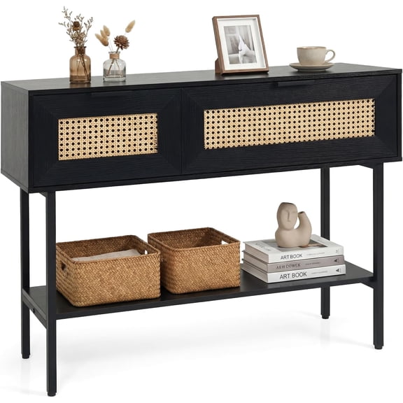 WBTER 40 Rattan Console Table, Narrow Long Entryway Table with Storage Shelf, 2 Flip Door Cabinets, Metal Frame, Boho, Farmhouse Behind Couch Sofa Tables for Living Room, Hallway (Black)