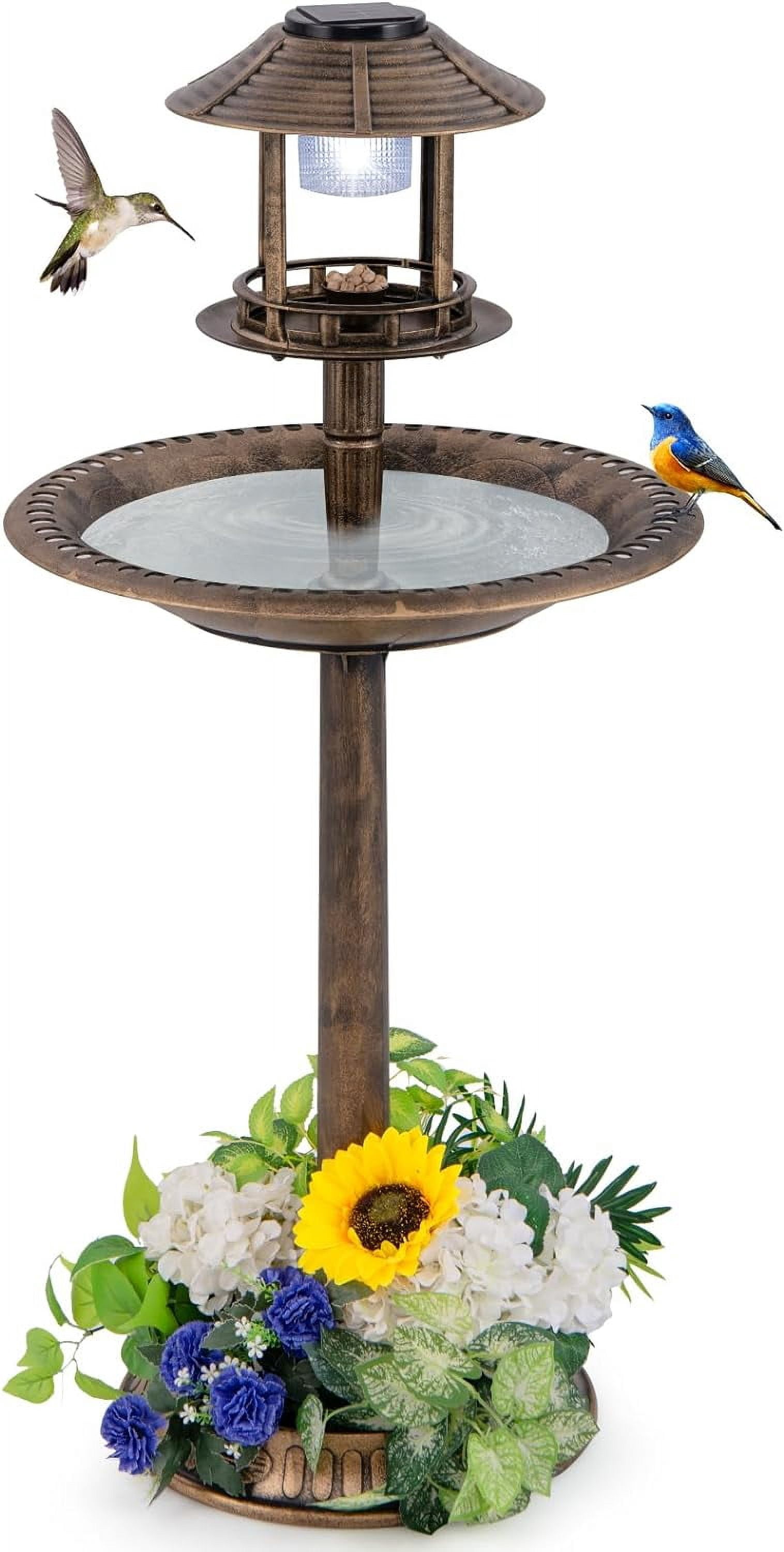 WBTER 42 inch Bird Bath Solar Lighted, Pedestal Bird Bath with Bird Feeder, Flower Planter Base, Solar Powered Lamp, 3 Ground Stakes, Standing Birdbath for Outside Garden Yard Outdoor (Bronze)
