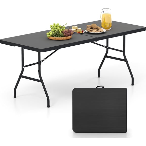 WBTER 6FT Folding Table, Portable Lightweight Camping Table with Carry Handle, Easy Fold Up Rectangle Indoor/Outdoor Collapsible Table for Camp, Picnic, BBQ, Patio (Black (No Umbrella Hole))