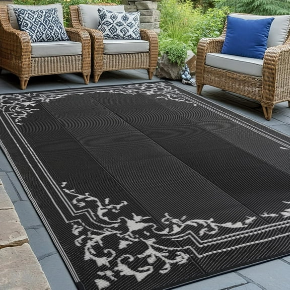 WBTER 9x12ft Outdoor Rug, Reversible Plastic Patio Rug Waterproof, Indoor Outdoor Carpet Clearance, Large Area Carpet for Patio Deck Balcony Pool RV Camping Beach Picnic, Classic Black
