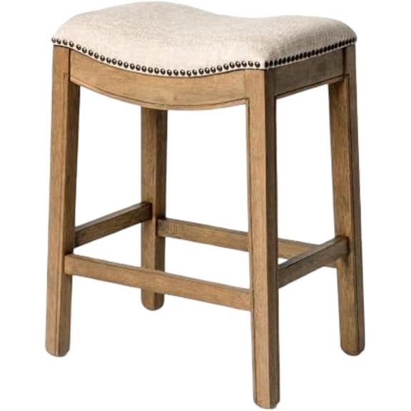 WBTER Adrien Backless Counter Stool 26 Inches Saddle Stool with Footrest Natural Solid Wood Frame & Natural Fabric Upholstery Perfect for Kitchen Islands & Counters