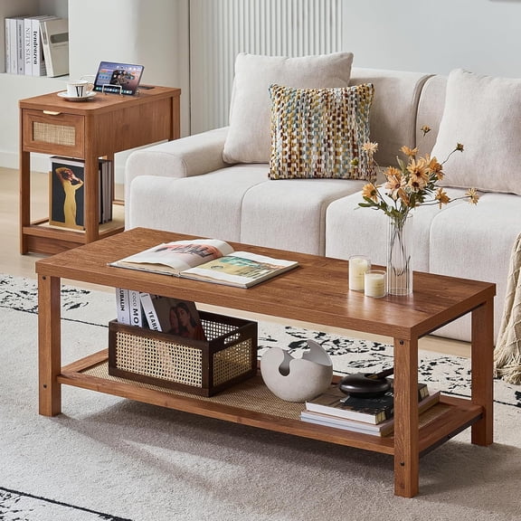 WBTER Boho Coffee Tables for Living Room, Rattan Center Table with Open Storage Shelf, Tea Brown