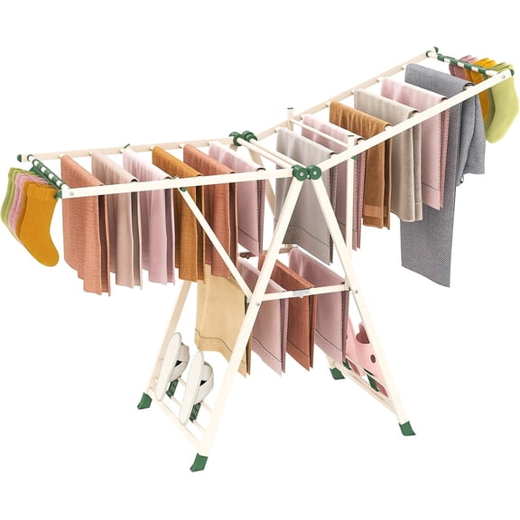 WBTER Clothes Drying Rack, Foldable Metal Laundry Drying Rack with Height Adjustable Wings, 16 Drying Rails, Sock Clips & Shoe Racks, Freestanding Clothing Stand for Indoor & Outdoor, Beige