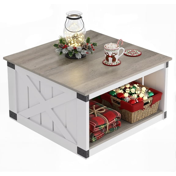 WBTER Coffee Table, Farmhouse Coffee Table with Open Storage, 31.5" Wood Square Living Room Tables, Rustic Dining Cocktail Center Table for Living Room, Grey & White