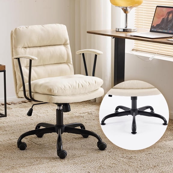 WBTER Comfortable Office Desk Chairs with/No Wheels,Dual-Base,Removable Armrests,Adjustable Comfy Swivel Computer Task Nail Tech Chair for Office,Sewing,Makeup Vanity,Teen,Linen Fabric,Pale Yellow
