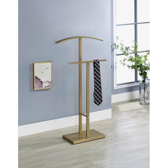 WBTER Dossi Modern Metal Suit Valet Stand, Clothes Rack Organizer with Jacket, Pants & Tie Holder, Space-Saving Garment Rack for Bedroom or Closet (Gold)