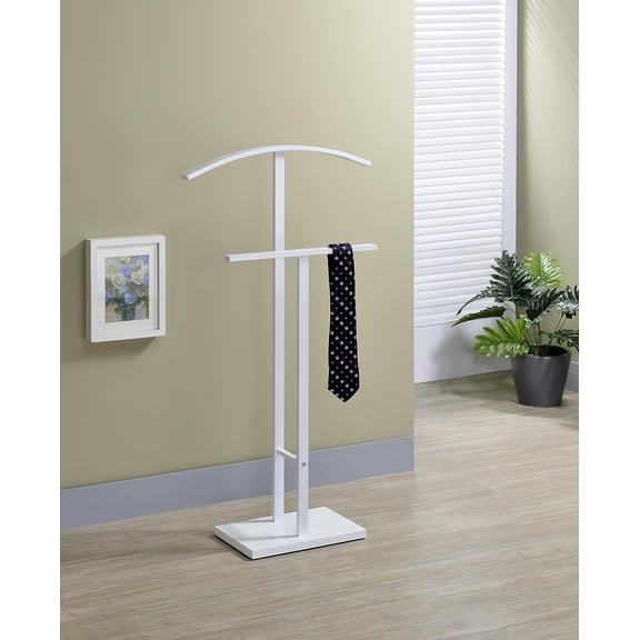 WBTER Dossi Modern Metal Suit Valet Stand, Clothes Rack Organizer with Jacket, Pants & Tie Holder, Space-Saving Garment Rack for Bedroom or Closet (White)