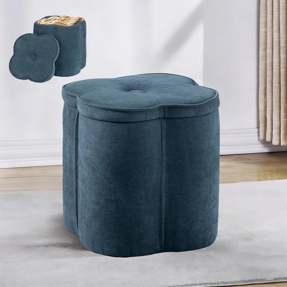 WBTER Flower Pouf Ottoman with Storage, Chenille Fabric Foot Rest for Couch, Small Modern Footstool for Vanity, Bedroom, Living Room, Under Desk, Navy Blue, 18 Inches