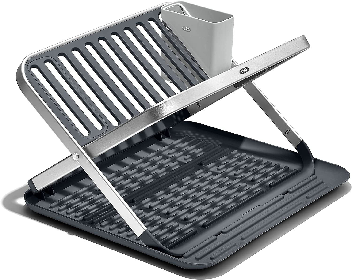WBTER Good Grips Aluminum Fold Flat Dish Drying Rack, 2-Tier, with Drainboard, for Kitchen Counter, Collapsible
