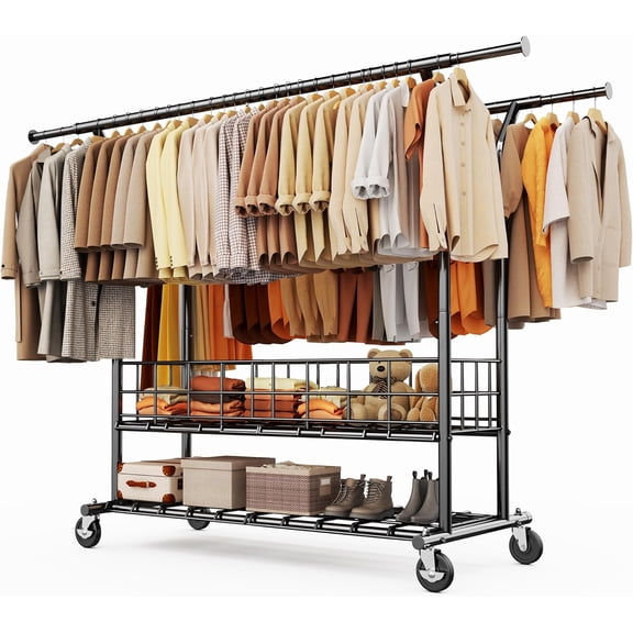 WBTER Heavy Duty Clothes Rack Load 635 LBS, Clothing Rack for Hanging Clothes, Adjustable Black Double Rod with Metal Basket, Portable Rolling Garment Rack with Wheels for Bedroom, Laundry Room