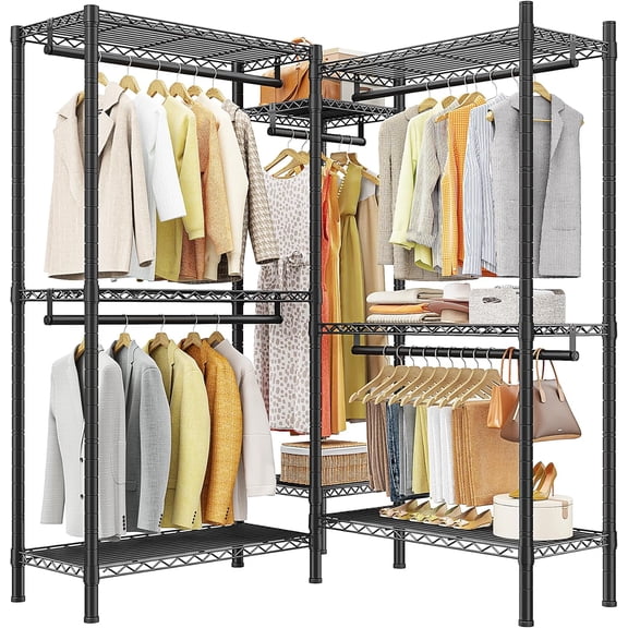 WBTER L Shaped Clothes Rack for Corner, Clothing Racks for Hanging Clothes, 900LBS Heavy Duty Clothes Rack Garment Rack 74.5" W X 18" D X 77" H, Black
