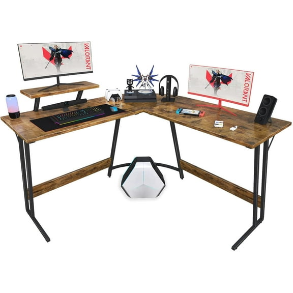 WBTER L Shaped Gaming Desk Computer Corner Desk PC Gaming Desk Table with Large Monitor Riser Stand for Home Office Sturdy Writing Workstation (Classical Brown, 51 Inch)