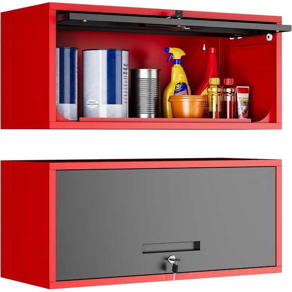 WBTER Metal Wall Cabinet with Doors, Wall Mounted Storage Cabinet, Floating Tool Cabinet for Kitchen, Basement, Warehouse (Red Black, 13.7" H)