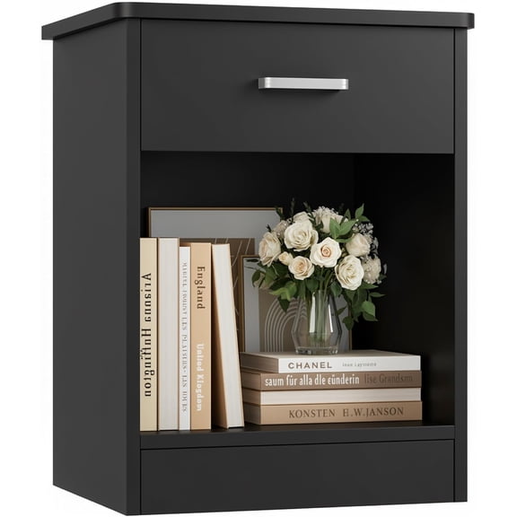 WBTER Nightstand, 2-Tier Side Table with Drawer and Storage Shelf, Bedside Table End Table, Modern Night Stand for Bedroom, Home Office, Black