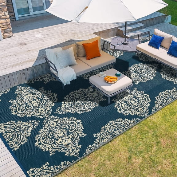 WBTER Outdoor Rug, 9x12ft Waterproof Reversible Mat Indoor Outdoor Rugs Carpet, Small Area Rug Plastic Straw Rug for Patio Deck Balcony Pool RV Camping Beach Picnic, Blue & Beige, Rugscape Series