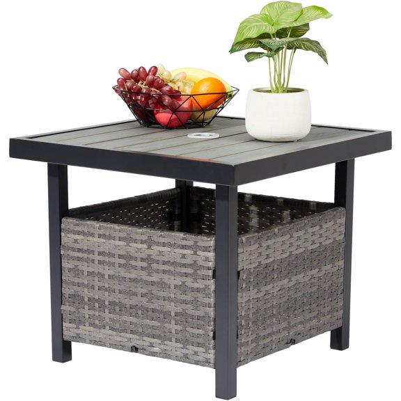 WBTER Outdoor Side Table with Umbrella Hole Wicker Patio Umbrella Table, Wicker Side Table End Table for Balcony Porch Deck