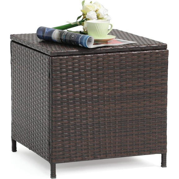 WBTER Outdoor Wicker Side Table, Small Storage Rattan Wicker End Table, Square Resin Coffee Table for Garden Porch Deck Living Room Backyard (Brown)