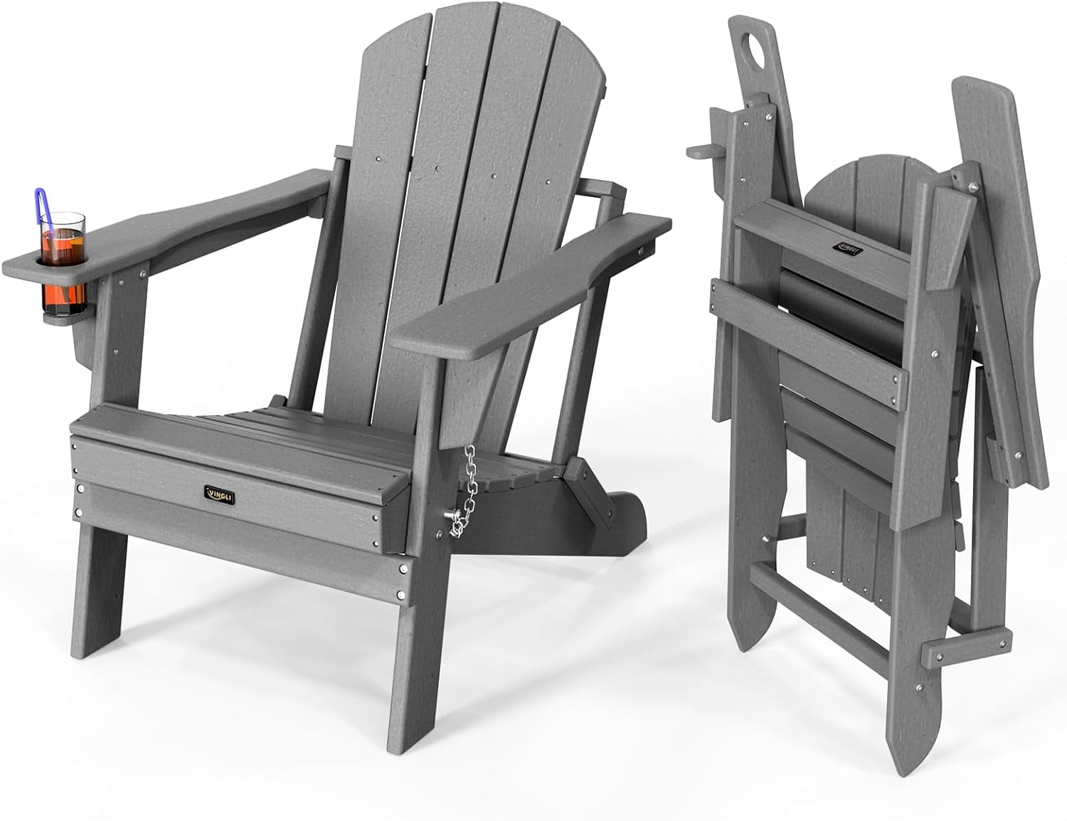 WBTER Plastic Adirondack Chairs, Folding with Cup Holder, Waterproof HDPE Material, Comfortable 380lb Weight Capacity for Outdoor Pool Patio Lounge Chair Lawn Furniture Firepit (Gray)