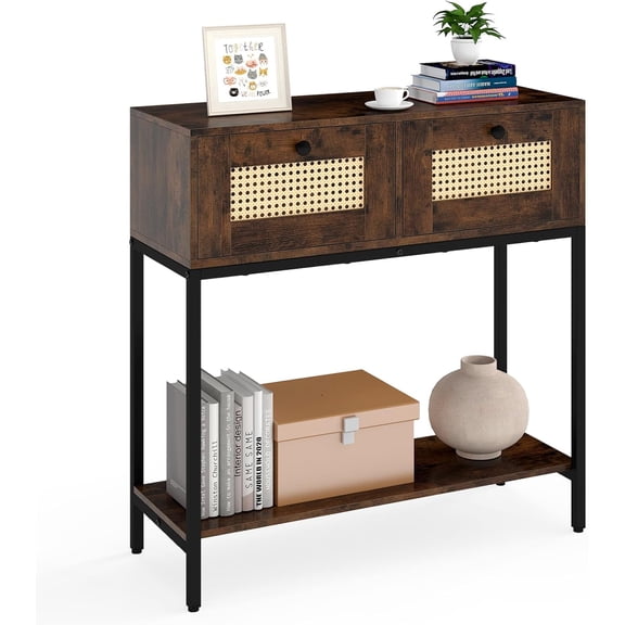 WBTER Rattan Console Table, 32" Boho Entryway Table with 2 Drawers, Metal Frame, Narrow Long Sofa Tables with Open Storage Shelf for Living Room, Hallway, Foyer, Entrance (Rustic Brown)