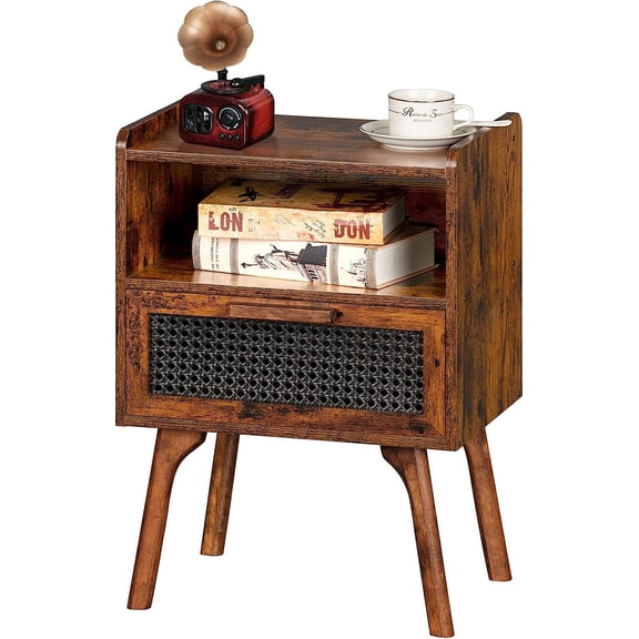 WBTER Rattan Nightstand, Boho Side Table with Drawer Open Shelf, Cane Accent Bedside End Table with Solid Wood Legs for Bedroom, Dorm and Small Spaces (Brown)