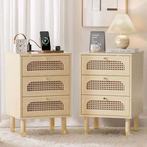 WBTER Rattan Nightstand with Charging Station, Rattan Nightstands Set of 2, 3 Drawer Night Stand for Bedroom, Wood Bed Side Table, Boho Endtable with Drawers, Oak