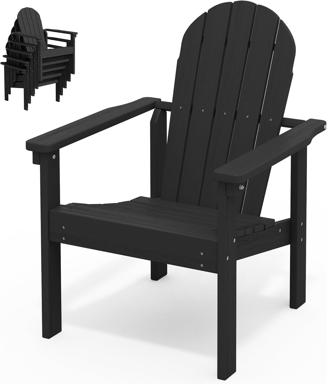 WBTER Stackable Modern Adirondack Chair, HDPE Outdoor Patio Chair with Space-Saving Design, All-Weather Fire Pit Chair with Widened Seat for Deck, Backyard, Garden, Lawn (Black)