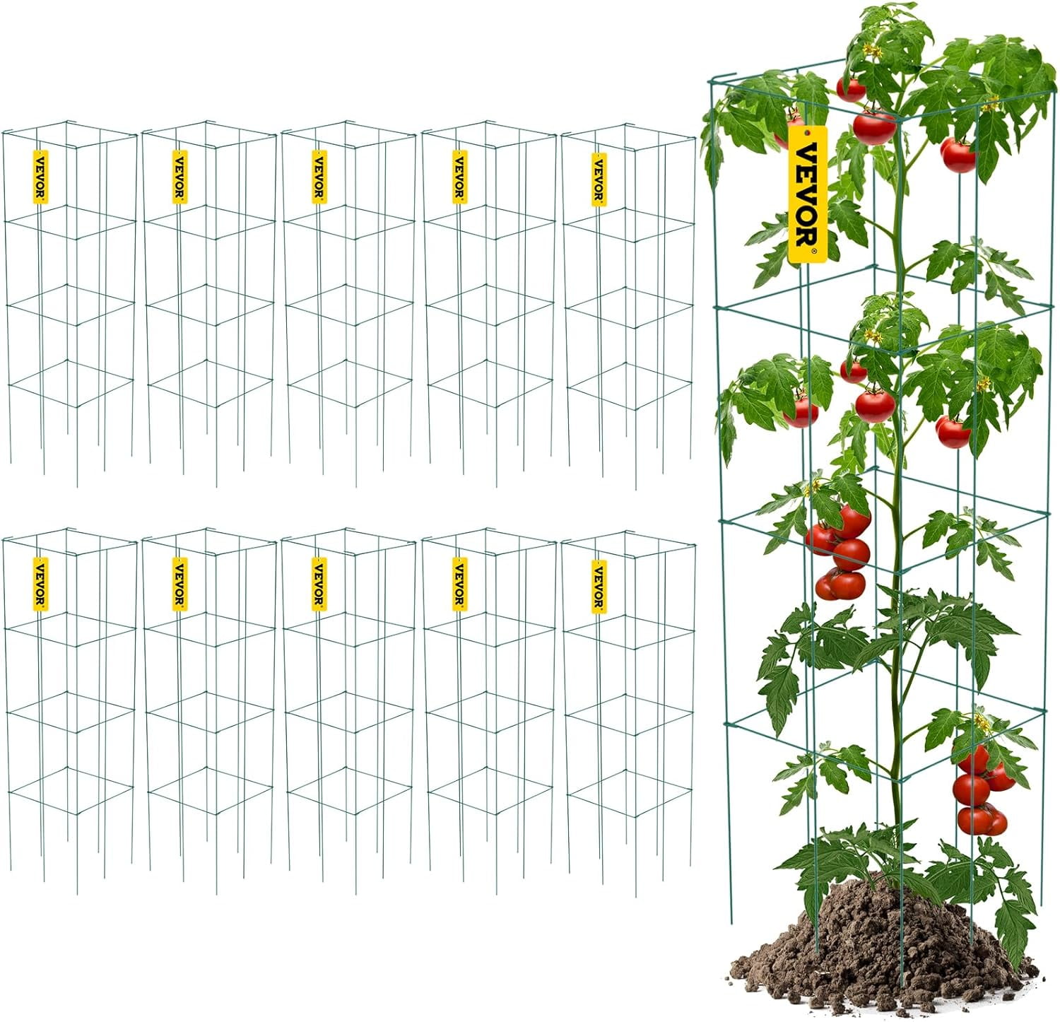 WBTER Tomato Cages, 11.8" x 11.8" x 46.1", 10 Packs Square Plant Support Cages, Green PVC-Coated Steel Tomato Towers for Climbing Vegetables, Plants, Flowers, Fruits