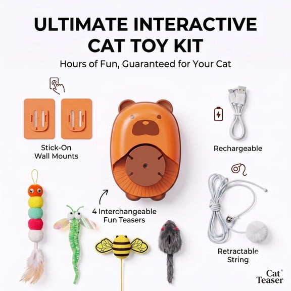 WBin Interactive Cat Toys for Indoor Cats, Automatic Self-Play Retractable Teaser, Door Hanging USB Rechargeable Toy with 4 Attachments，Light Pink，Orange