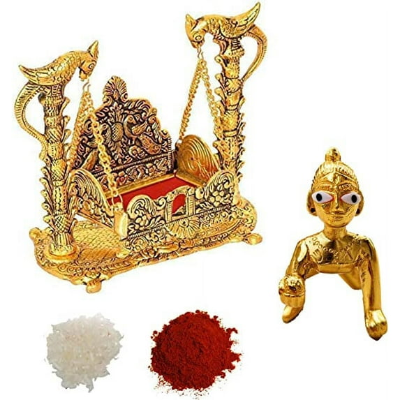 WC_Laddu Gopal with jhula for janmashtami Combo - jamashtami Gift Hamper with Card - Baby Krishna jhula for laddu Gopal with roli chawal tika - Bal Krishn Statue and jhula Swing