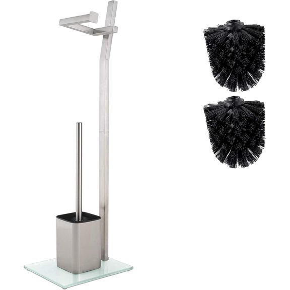 WC Set with roll Holder - White  Toilet Paper Holder - Stainless Steel  Glass Base Dim.: 32x20x70cm Easy Installation  Plus: 1+2 Extra Toilet Brush Heads for Exchange!