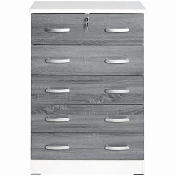 WC5-Wht-Gry Cindy 5 Drawer Chest Wooden Dresser with Lock, White & Gray