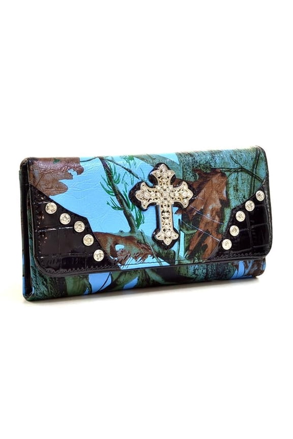 WC99-BLU & CAM Western Rhinestone Cross Accent Wallet - Blue & Camouflage