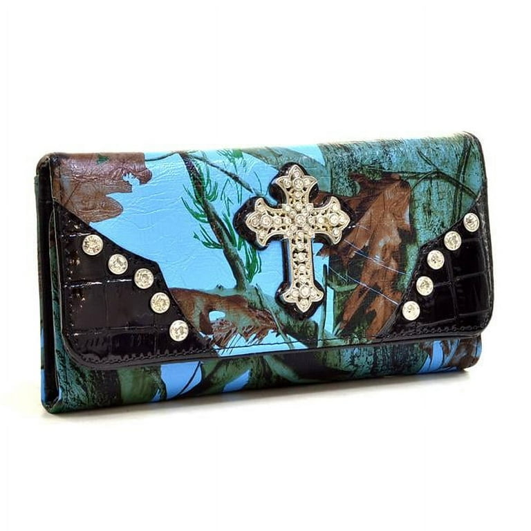 Gold Rush Wc99 blu Cam Western Rhinestone Cross Accent Wallet Blue Camouflage