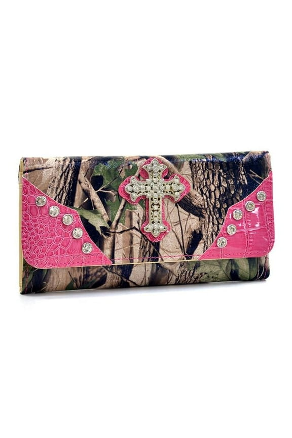 WC99-PK & CAM Western Rhinestone Cross Accent Wallet -Cam & Pink Trim