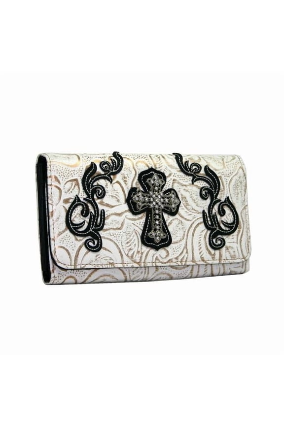 WC99-WT-BK Western Rhinestone Bling Cross Trifold Wallet - White & Black Trim