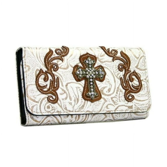 WC99-WT-BRN Western Rhinestone Bling Cross Trifold Wallet - White & Brown Trim