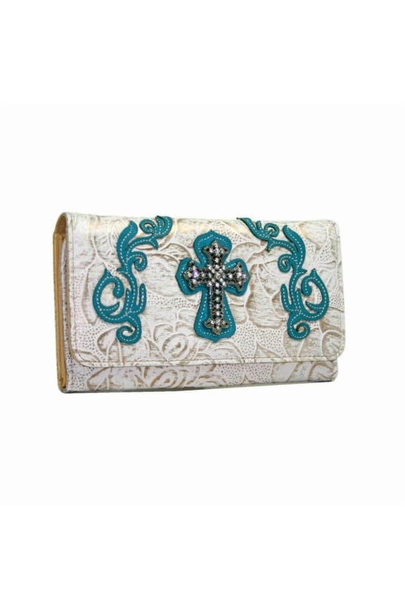 WC99-WT-TQ Western Rhinestone Bling Cross Trifold Wallet - White & Turquoise Trim