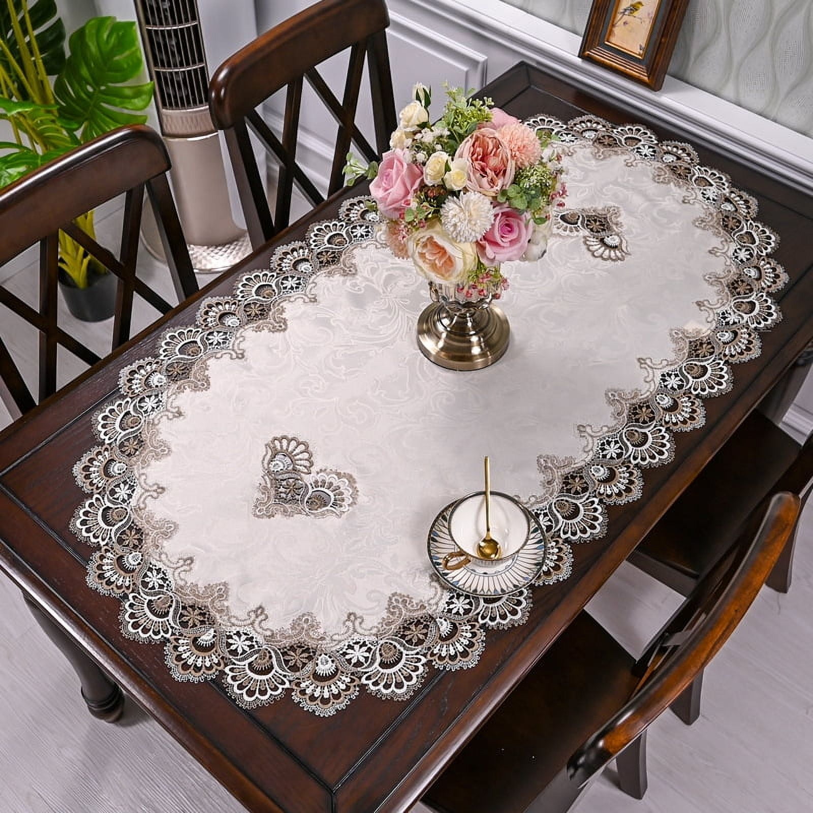WCHAUNG Embroidered Tablecloth Lace Table Runner, Oval Coffee Table Runner Table Centerpiece Doily Placemat Nightstand Dresser Scarf