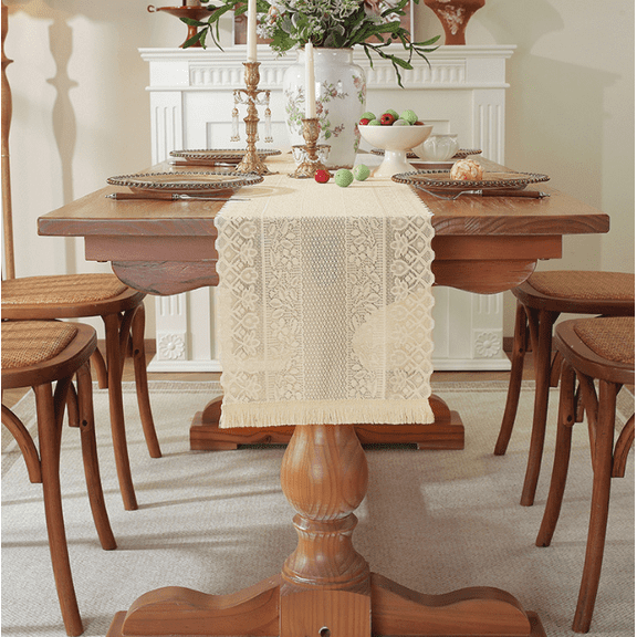 WCHUANG 2 Pack Beige Crochet Lace Rectangular Table Runner Dresser Scarf Doilies, Boho Table Runners with Tassels Rustic Farmhouse Table Decoration