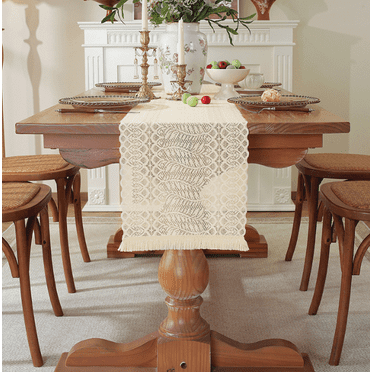 WCHUANG 2 Pack Beige Crochet Lace Rectangular Table Runner Dresser Scarf Doilies, Boho Table Runners with Tassels Rustic Farmhouse Table Decoration