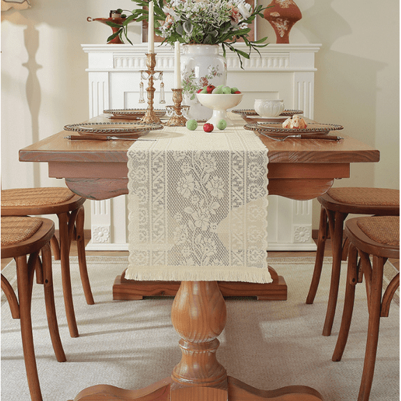 WCHUANG 2 Pack Beige Crochet Lace Rectangular Table Runner Dresser Scarf Doilies, Boho Table Runners with Tassels Rustic Farmhouse Table Decoration
