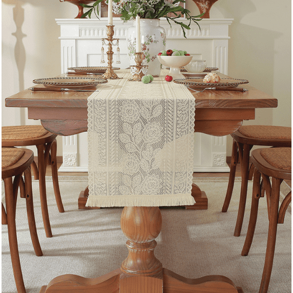 WCHUANG 2 Pack Beige Crochet Lace Rectangular Table Runner Dresser Scarf Doilies, Boho Table Runners with Tassels Rustic Farmhouse Table Decoration