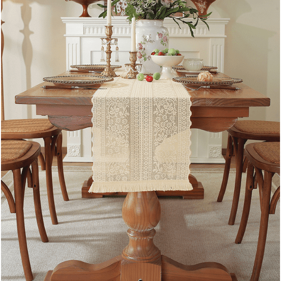 WCHUANG 2 Pack Beige Crochet Lace Rectangular Table Runner Dresser Scarf Doilies, Boho Table Runners with Tassels Rustic Farmhouse Table Decoration
