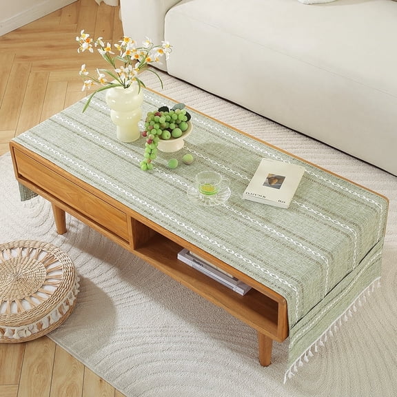 WCHUANG Coffee Table Cloth, Table Cover with Pockets and Tassel, Cotton Linen Rectangle Tablecloths Washer Dryer Fridge Top Dust Cover