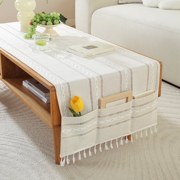 WCHUANG Coffee Table Cloth, Table Cover with Pockets and Tassel, Cotton Linen Rectangle Tablecloths Washer Dryer Fridge Top Dust Cover