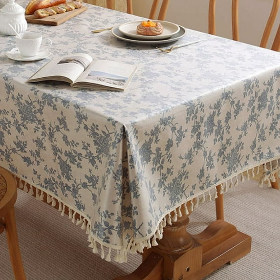 WCHUANG Cotton Linen Rectangular Tablecloth, Floral Flower Vintage Farmhouse Washable Table Cover for Party Picnic Dinner Decor